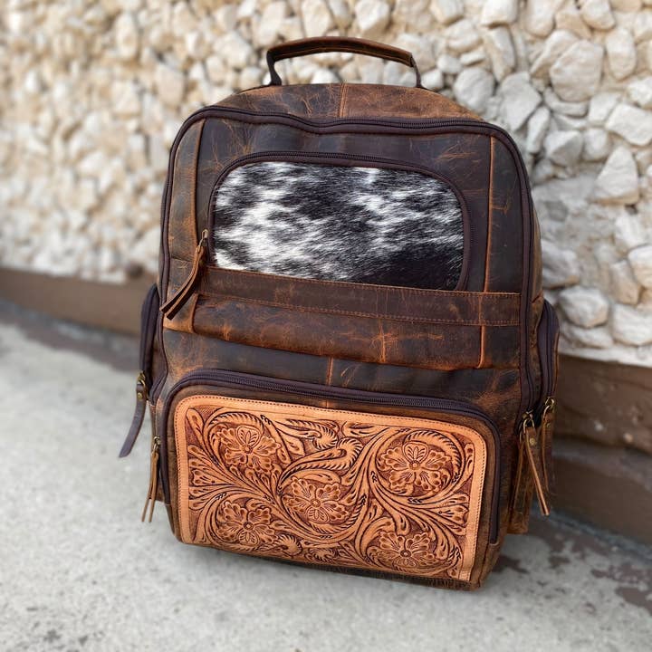 Western Linens - Wholesale Backpack - Women's - Rustic Cowhide & Tooled Floral Backpack