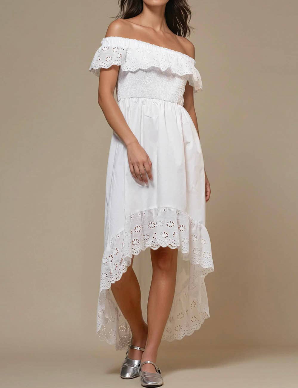 Blanc Robe Midi Épaules Dénudées à Œillets Floraux pour Femmes SKD50298 en vente sur Faire0