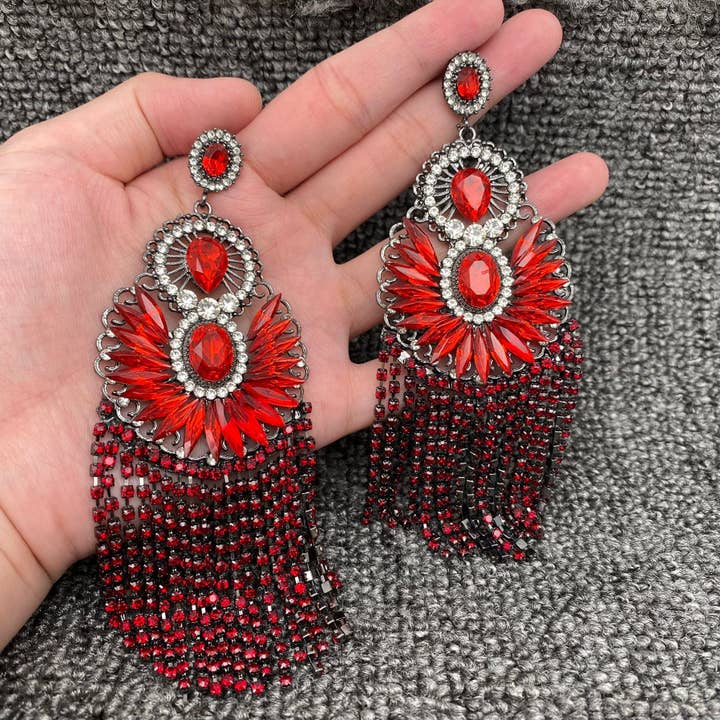 Sparkling Red Glass Flower Rhinestone Fringe Post Earrings for wholesale by Mio Queena