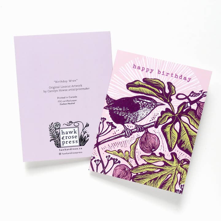 Hawk and Rose Press - Wholesale Birthday Card - ‘Wren’ Vintage Style Linocut Birthday Card1