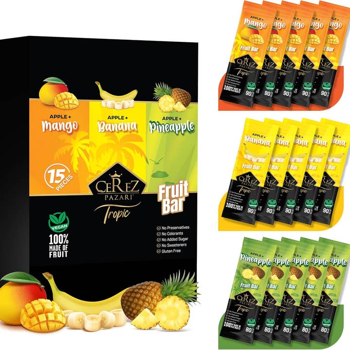Dried Fruit Roll Ups Banana, Pineapple & Mango 25g x 15 pack for wholesale by Mahdina