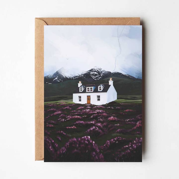 Amidst the Heather, Cosy Cottage Greeting Cards for wholesale by Sara Willia Landscapes