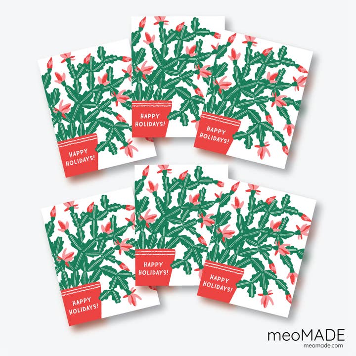 Christmas Cactus - Set of 6 Blank Holiday Cards for wholesale by meoMADE