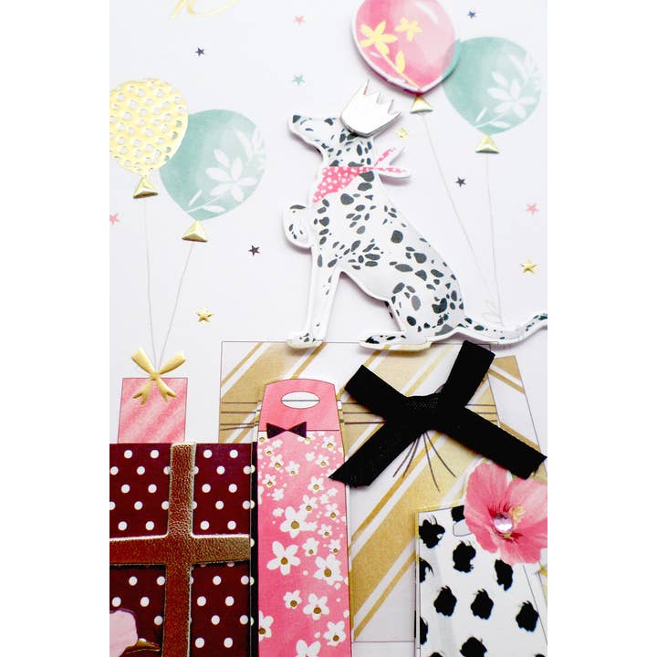 Second Nature Ltd – wholesale Birthday card – Dalmatian with Balloons & Gifts - Champagne - Second Nature