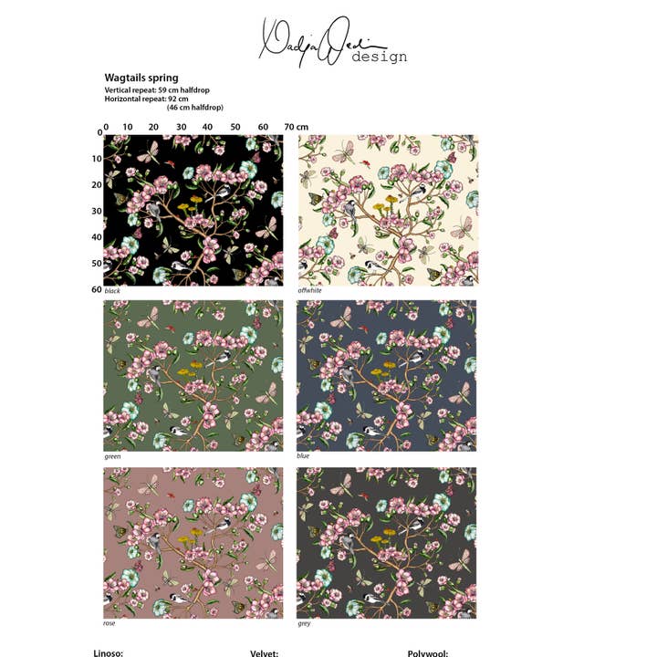 Fabric sample hanger: pattern Wagtails Spring for wholesale by Nadja Wedin design