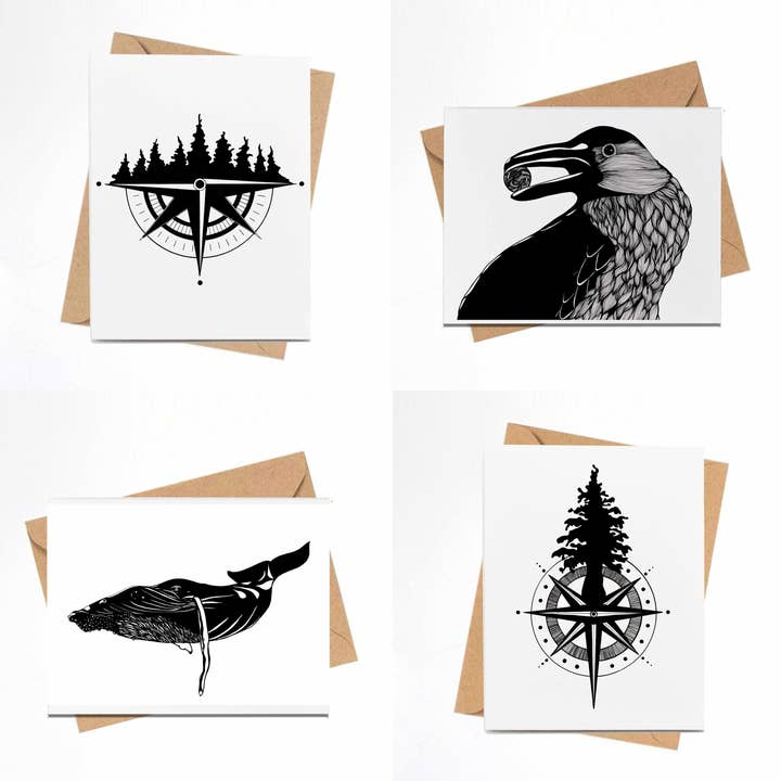 "Pacific NW" 4 Card Pack of Handmade Notecards for wholesale by PinkPolish Design
