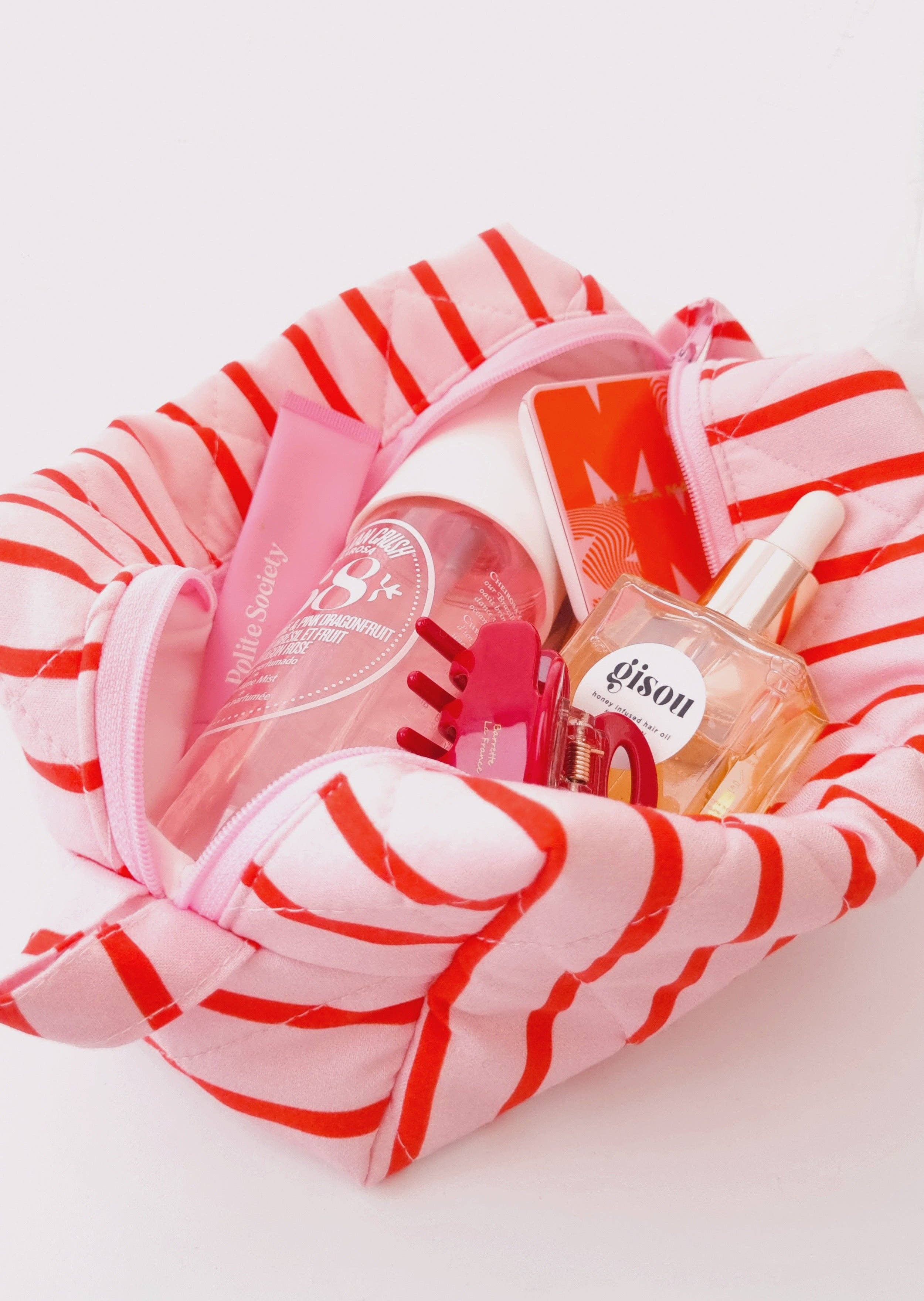Kiki & Co. - Wholesale Makeup/Cosmetic Bag - Quilted Makeup Bag- Pink/Red Stripe2