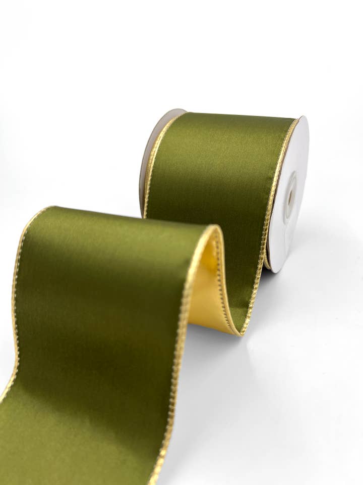 3" Olive Satin Reversible Gold Metallic Wired Ribbon for wholesale by May Arts Ribbon