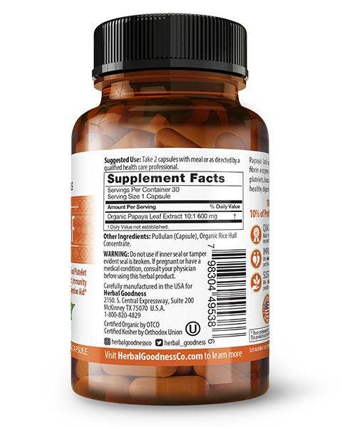 Herbal Goodness – wholesale Oral supplement/vitamin – Papaya Leaf Extract - Capsules 600mg-10X Strength9