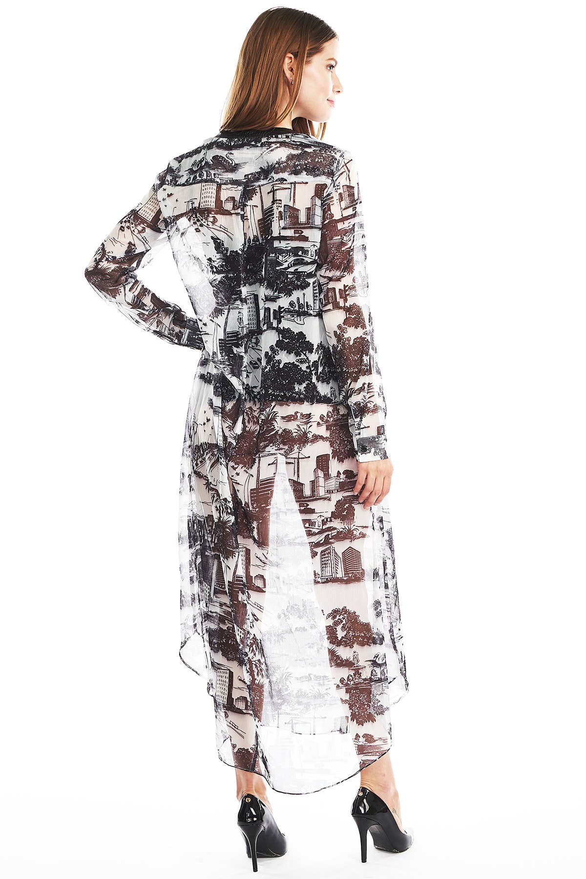 TOV – Engroshandel Tunika - Dame – [OP4162] Faux læder Trim Trykt Sheer Tunika2