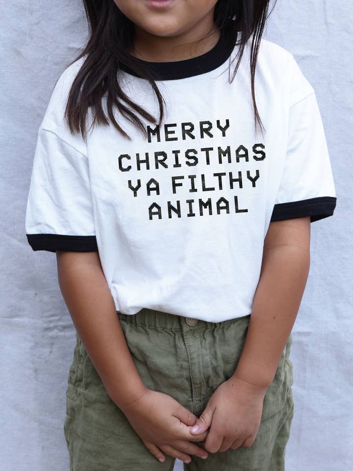 OAT COLLECTIVE - Wholesale Screen-printed t-shirt – Kids - MERRY CHRISTMAS YA FILTHY ANIMAL Toddler Unisex Ringer Top
8