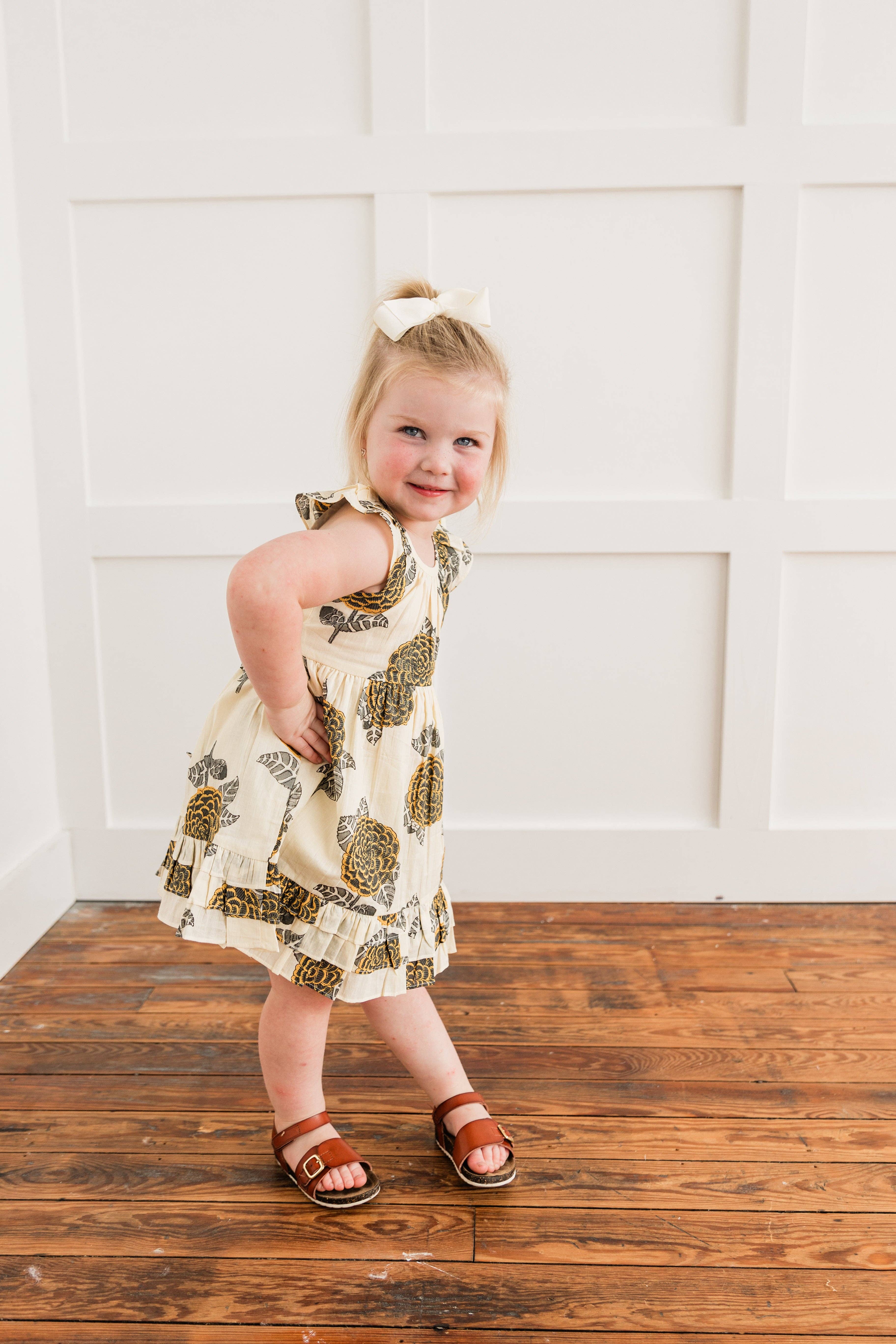 Yo Baby – wholesale Dress – Kids – Mustard & Grey Floral Print Sleeve & Bottom Ruffled Gathered Dress1