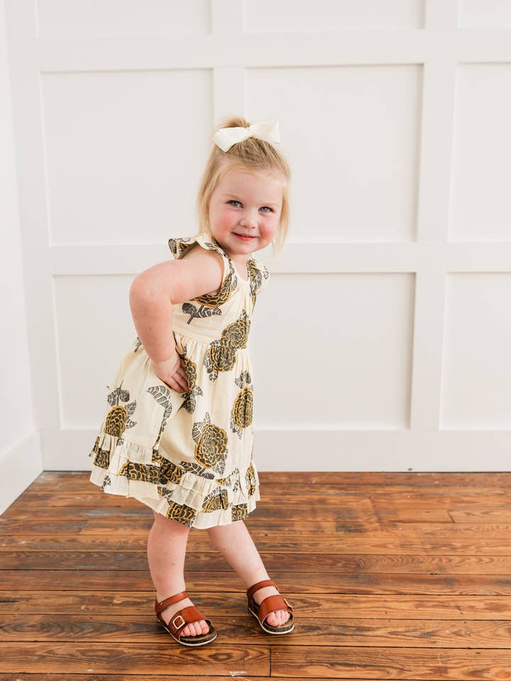Yo Baby – wholesale Dress – Kids – Mustard & Grey Floral Print Sleeve & Bottom Ruffled Gathered Dress1