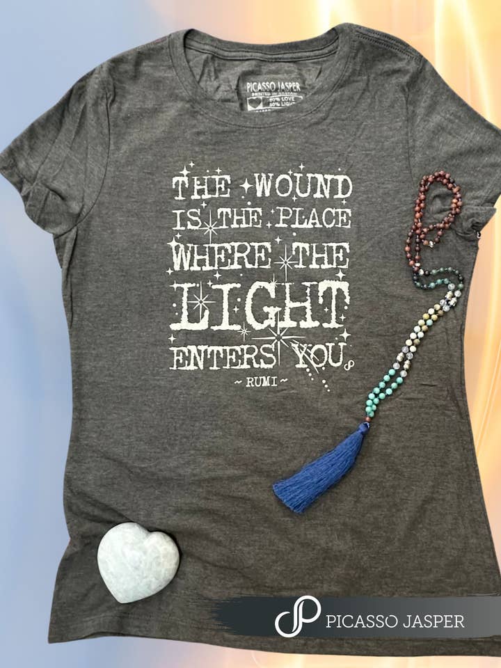 Picasso Jasper - Wholesale Screen Printed T-Shirt - Women's - The Wound is the Place Where the Light Enters, Retro Tee1