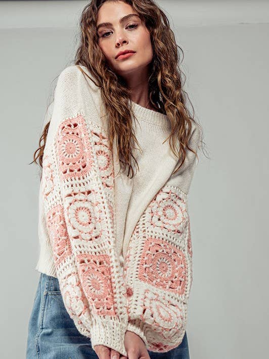 IVORY Quilt Blocked Sleeve Crewneck Sweater for wholesale on Faire