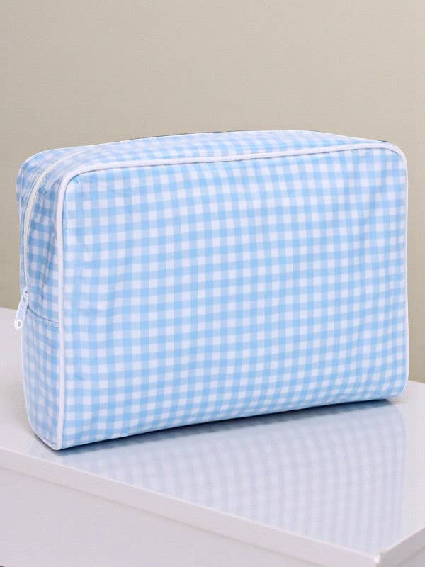 Eleanor Blue Gingham Clear Coat Cosmetic Bag for wholesale by Nash Grey