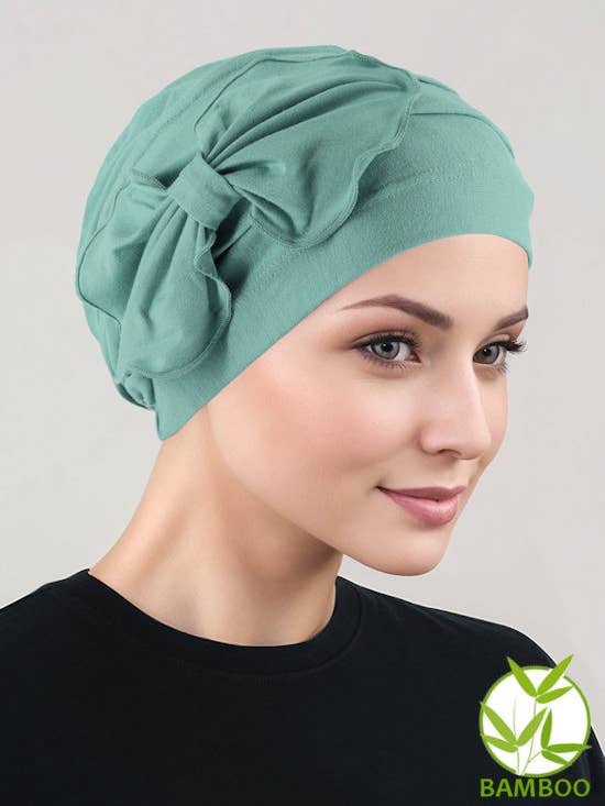 Bamboo Pleated Bow Cap Sage Green for wholesale by Turban Plus