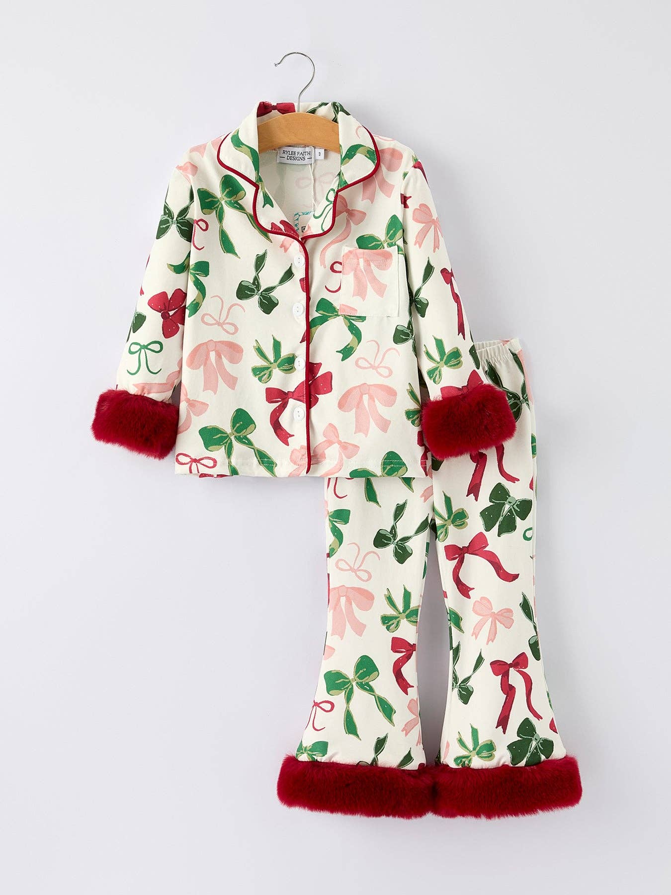 Rylee Faith Designs - Vente Haut et bas de pyjama – enfant - Ensemble de pyjama de Noël à imprimé nœud de fête – Vêtements de nuit confortables pour filles avec bordure rouge15