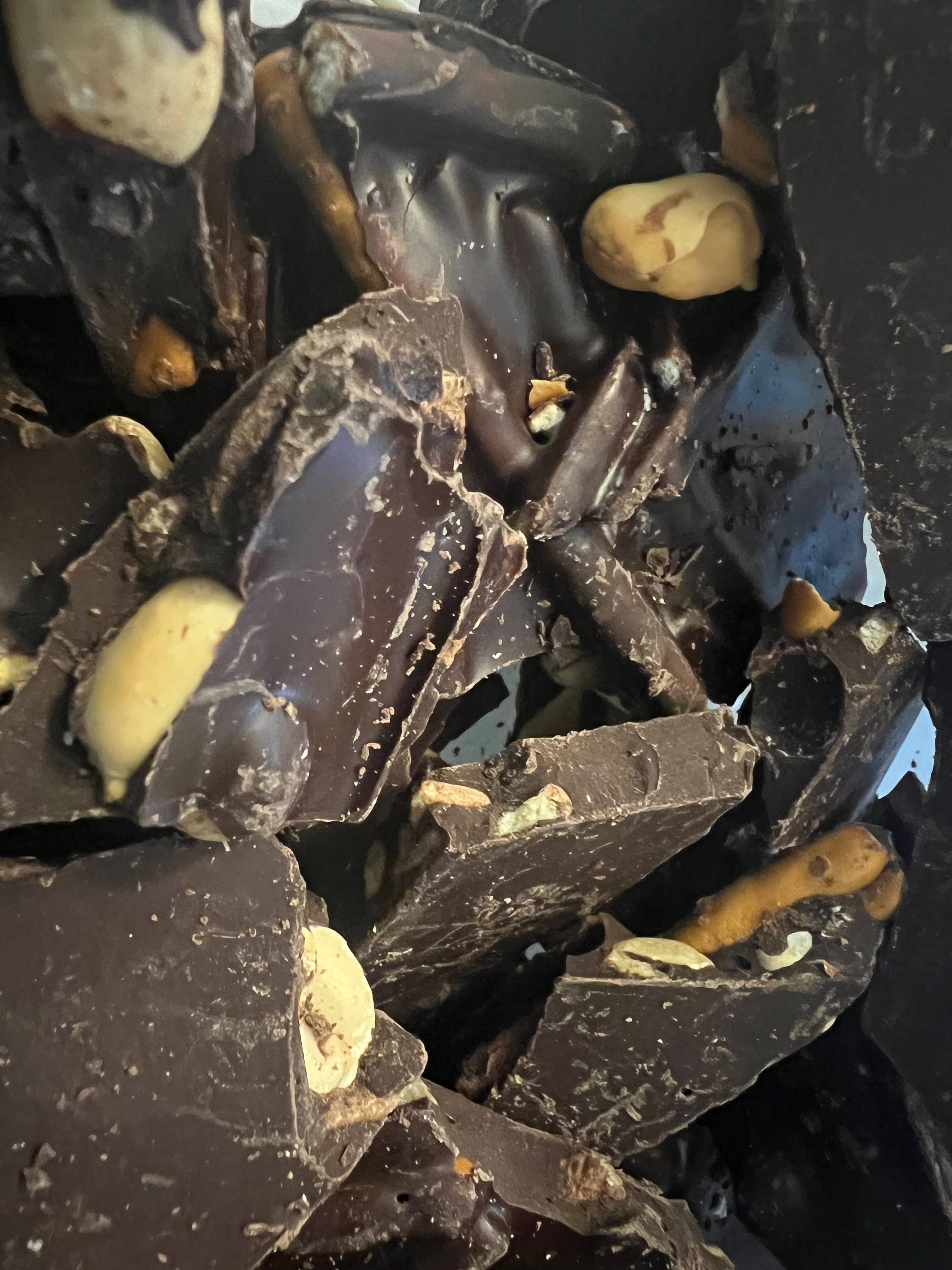 Cardinal Chocolates - Wholesale Chocolate Covered Sweets - After Dark Bark - Dark Chocolate Peanuts Pretzels Chip lg/sm1