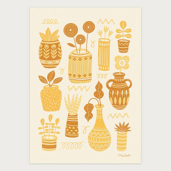 Yellow Pots & Plants Art Print – Retro Botanical Wall Art for wholesale by Maz Leyden
