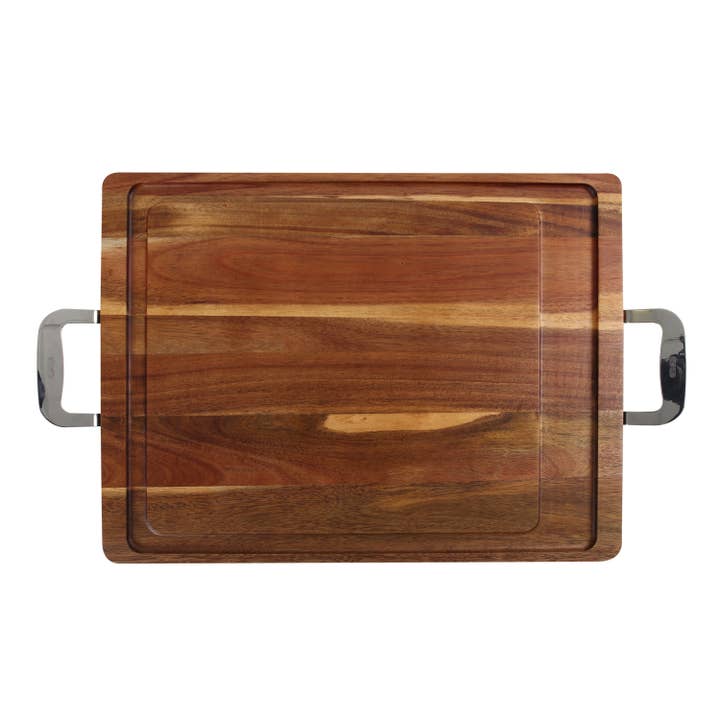 Planche à charcuterie en acacia avec poignées en acier inoxydable pour la vente par Dexas