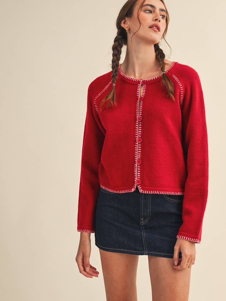 &MERCI - Wholesale Cardigan - Women's - CONTRAST BLANKET STITCH SWEATER CARDIGAN MSW1119629