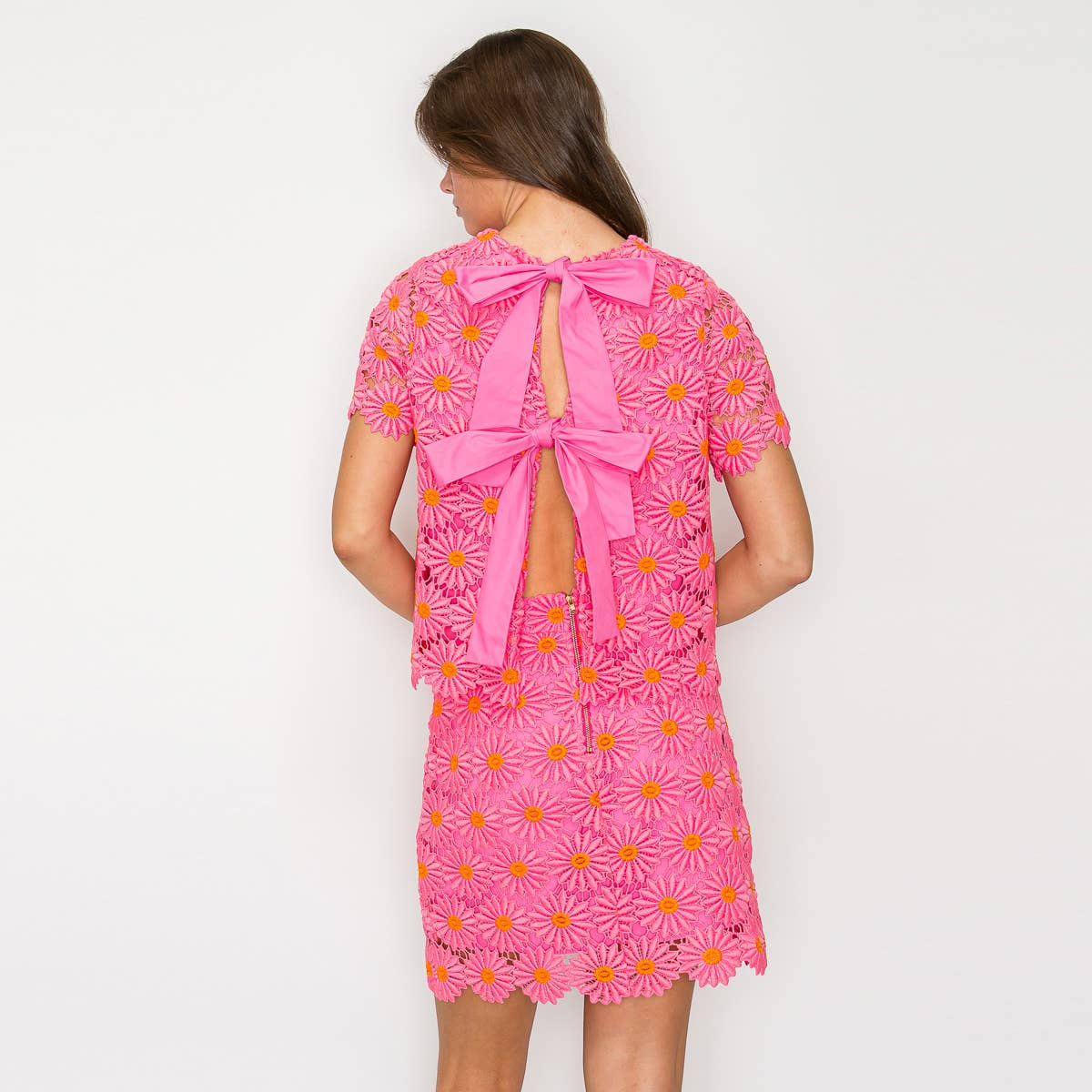 LoveWednesday - Wholesale Blouse - Women's - Pink Daisy Lace Top with Bow - LWT19787