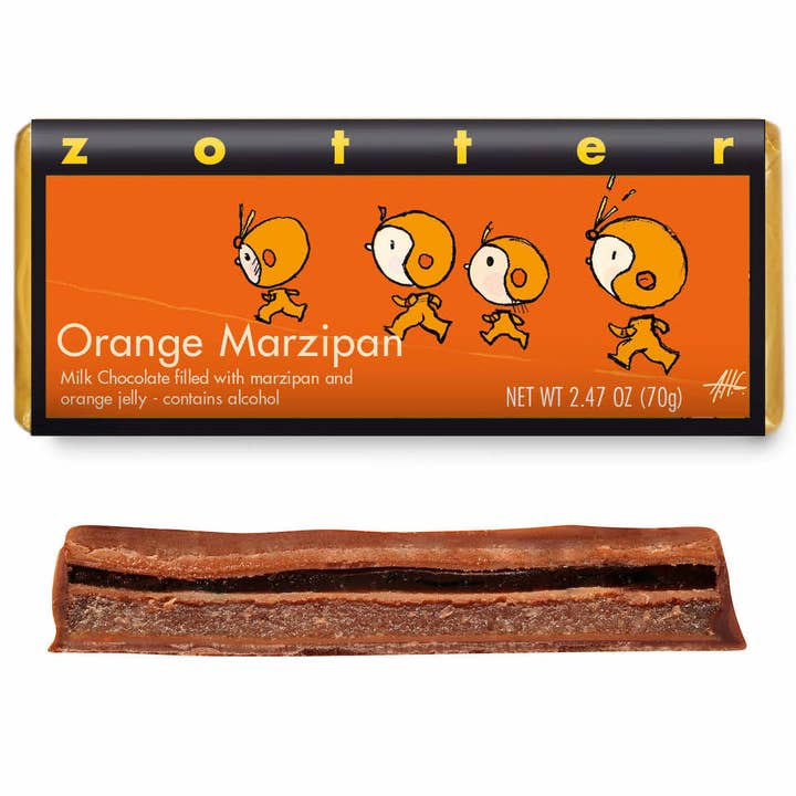Pâte d'amande à l'orange (chocolat ramassé à la main) pour la vente par Zotter Chocolates