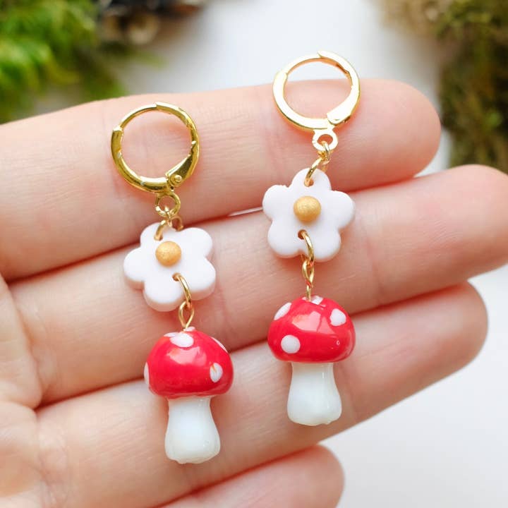 Valley & Vetiver - Wholesale Dangle Earrings - Mushroom Blossom Flower Clay Glass Bead Earrings0