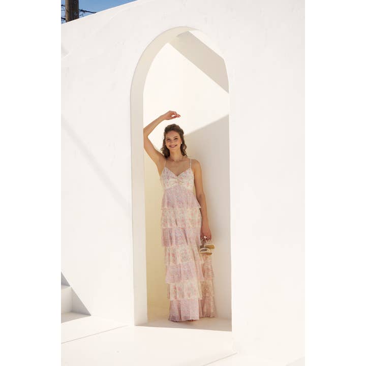 in february - Wholesale Dress - Women's - ROMANTIC FLORAL TIERED MAXI DRESS WITH RUCHED BUST