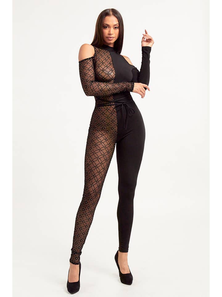 Nero - Tuta scintillante a spalla scoperta DT2631 in vendita all'ingrosso su Faire1