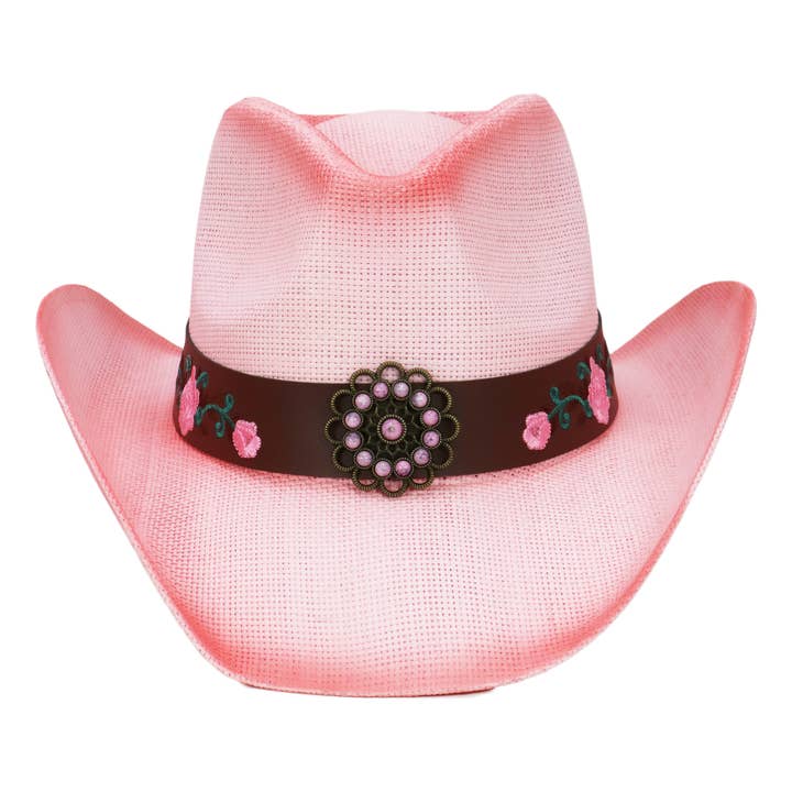 Cap Zone - Wholesale Cowboy Hat - Women's - Pink Rose Concho Belt Ombre Straw Cowboy Hat
