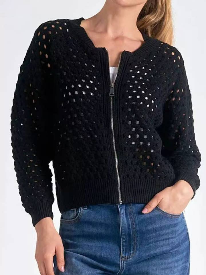 Cardigan i fuld størrelse med lynlås og lange ærmer med øjendetaljer i plusstørrelse for engroshandel hos React Activewear