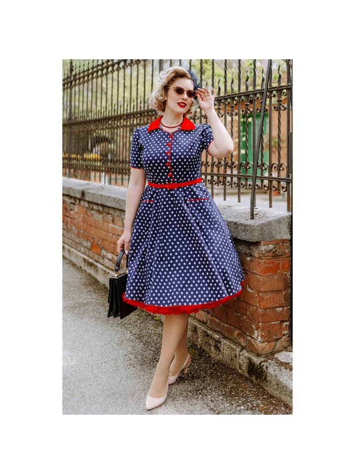 Dolly & Dotty - Wholesale Dress - Women's - Penelope Rockabilly Blue Polka Dot Shirt Dress