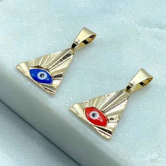 Mit 18 Karat Gold gefülltes kleines Pyramidendreieck mit rotem oder blauem Evil Eye Charms Anhänger, Großhandel, Zubehör für die Schmuckherstellung für den Großhandel von Luxus Accessories