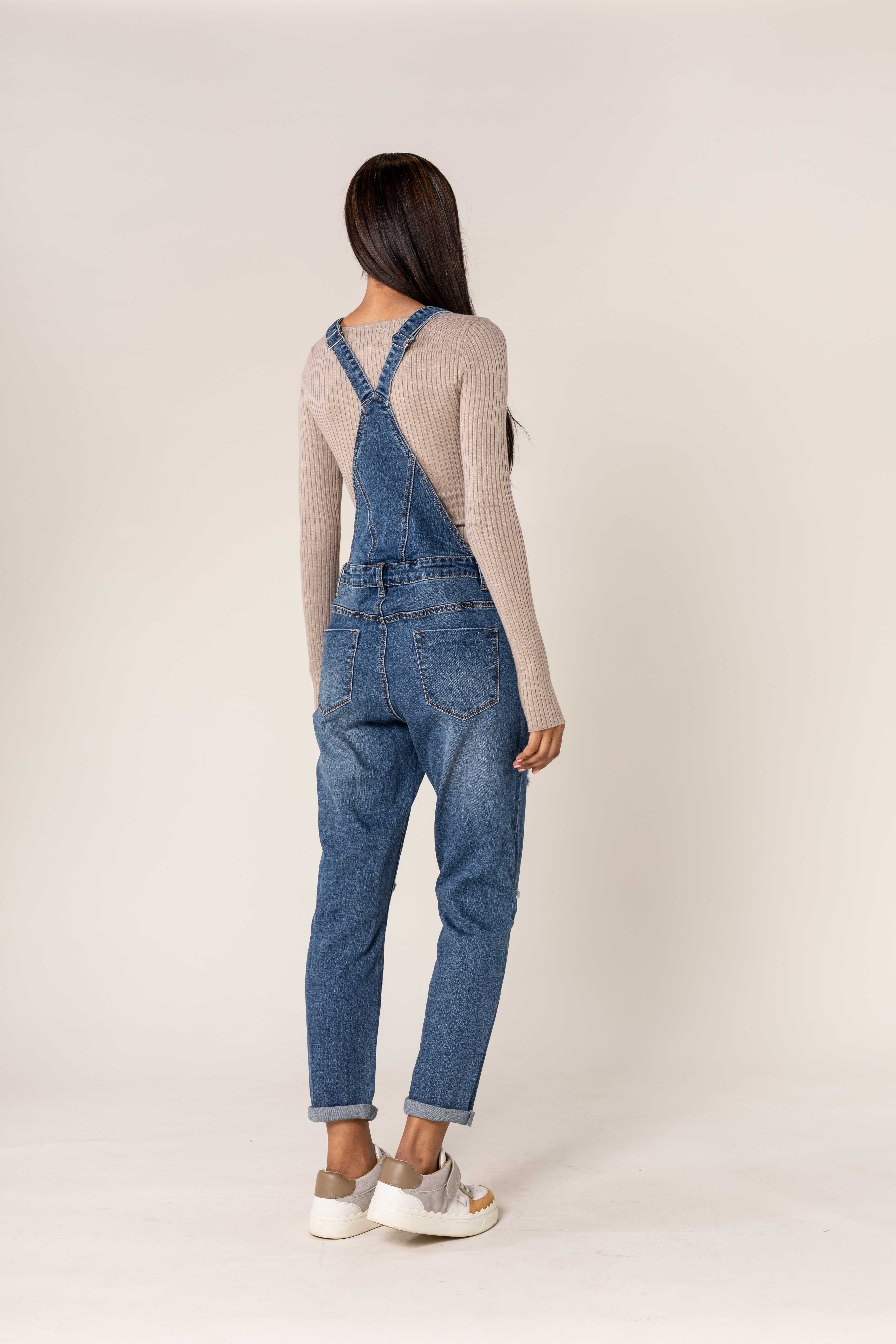 Nina Carter - Wholesale Overalls - Women's - Destroy denim overalls in wide stretch boyfriend jeans S53514