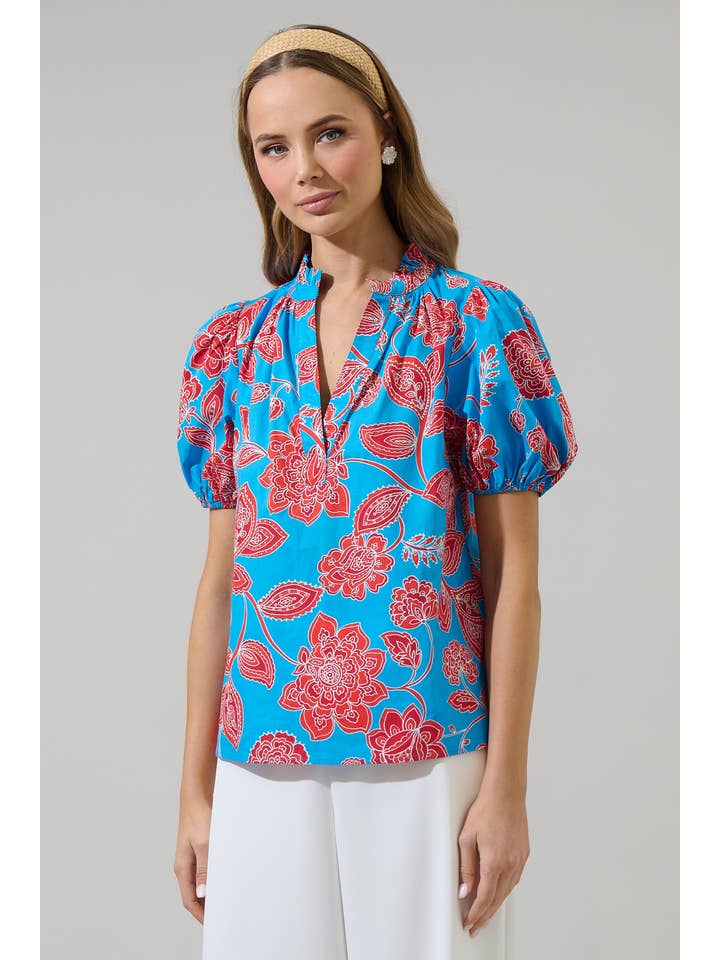 BLUE RED MULTI Ripon Floral Close to You Split Neck Top for wholesale on Faire