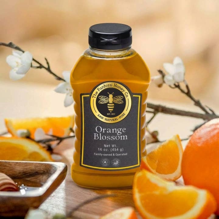 Orange Blossom Honey Squeeze Bottle – Gourmet Gift, 16 oz for wholesale by Fantozzi Honey Company