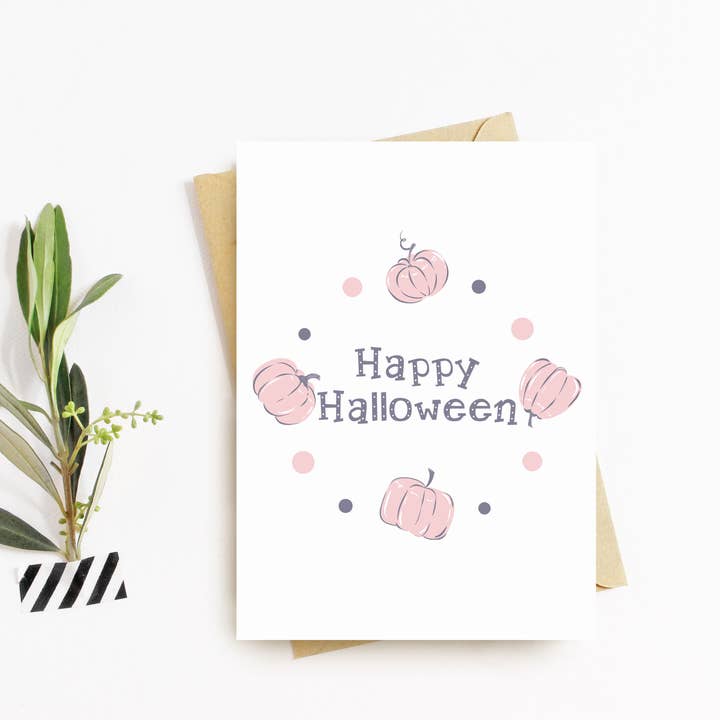 Tarjeta de felicitación feliz Halloween, calabaza rosa para venta al por mayor de Flash On A String Designs