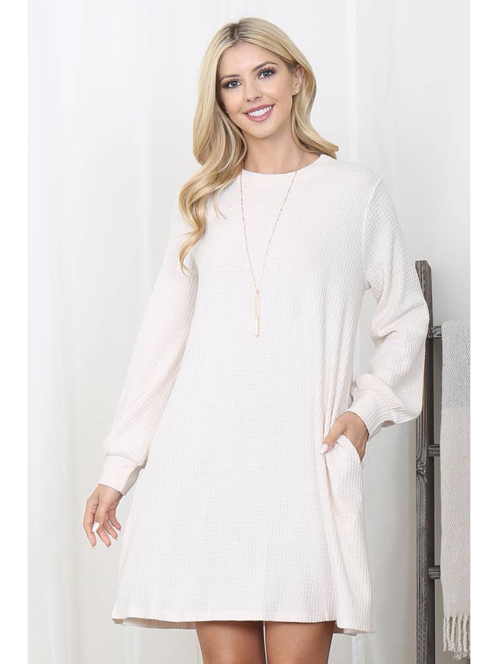 You & Me - Wholesale Dress - Women's - YMD10051V-BRUSHED WAFFLE BUBBLE SLEEVE POCKET DRESS13