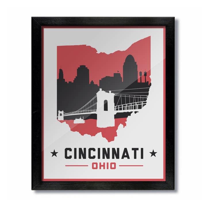 White and Red Cincinnati Skyline Print for wholesale by D&W Elements
