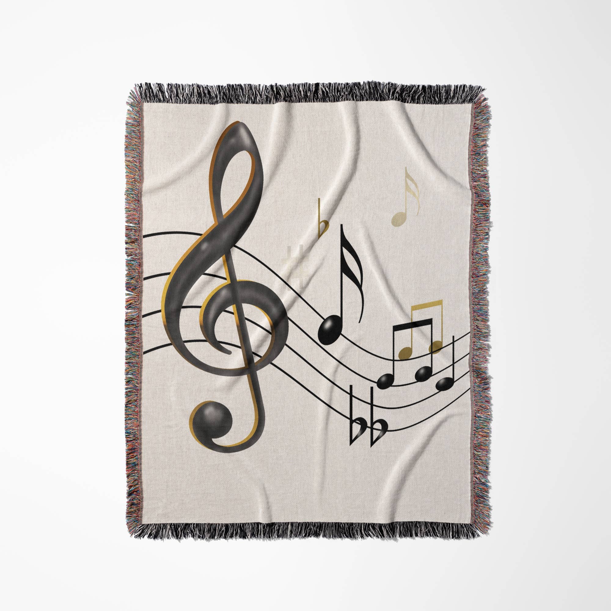 3dRose - Wholesale Throw Blanket - 3dRose, Music notes Clef, sixteenth, quarter notes, beamed notes, flats and sharps in black and gold, Blanket