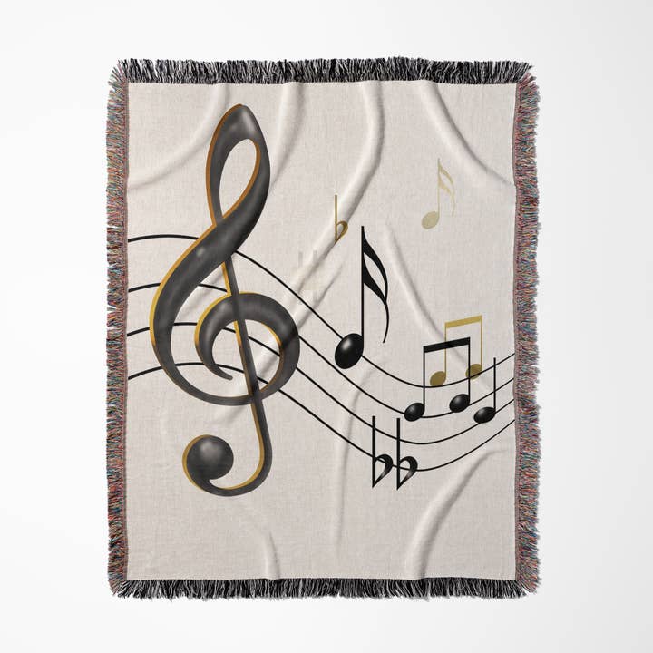 3dRose - Wholesale Throw Blanket - 3dRose, Music notes Clef, sixteenth, quarter notes, beamed notes, flats and sharps in black and gold, Blanket0