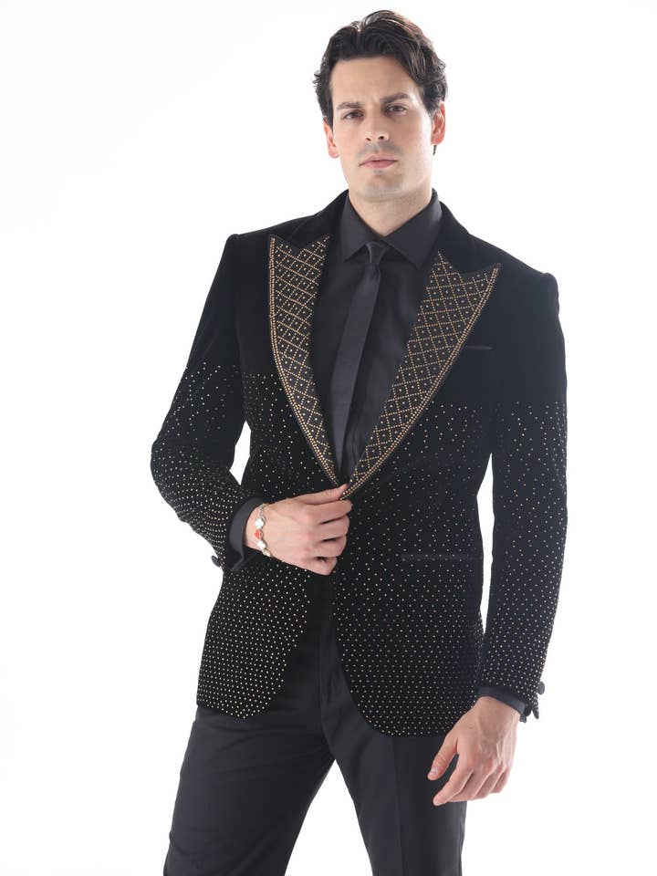 Mens Velvet Black Peak Lapel Blazer With Gold Rhinestone Accent. for wholesale by Ferrecci