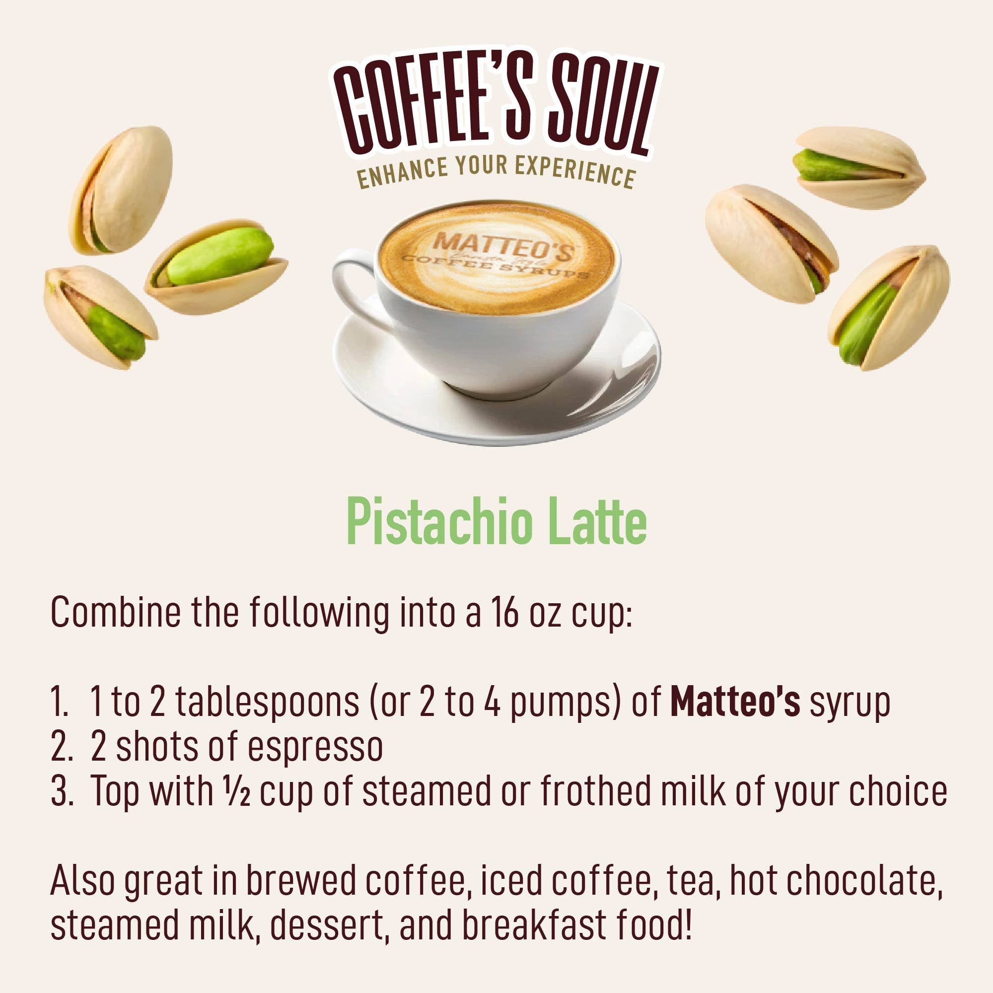 Matteo's - Wholesale Iced Coffee/Cold Brew - Sugar Free Coffee Syrup, Pistachio2