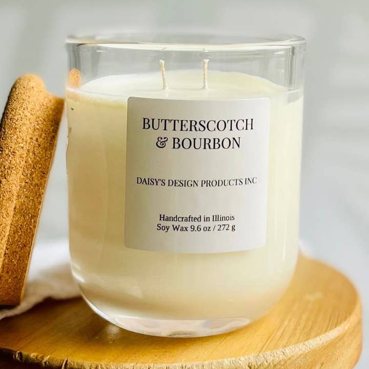 9.6 oz Clear Glass Candle / Butterscotch & Bourbon for wholesale by Daisy's Design Products Inc.
