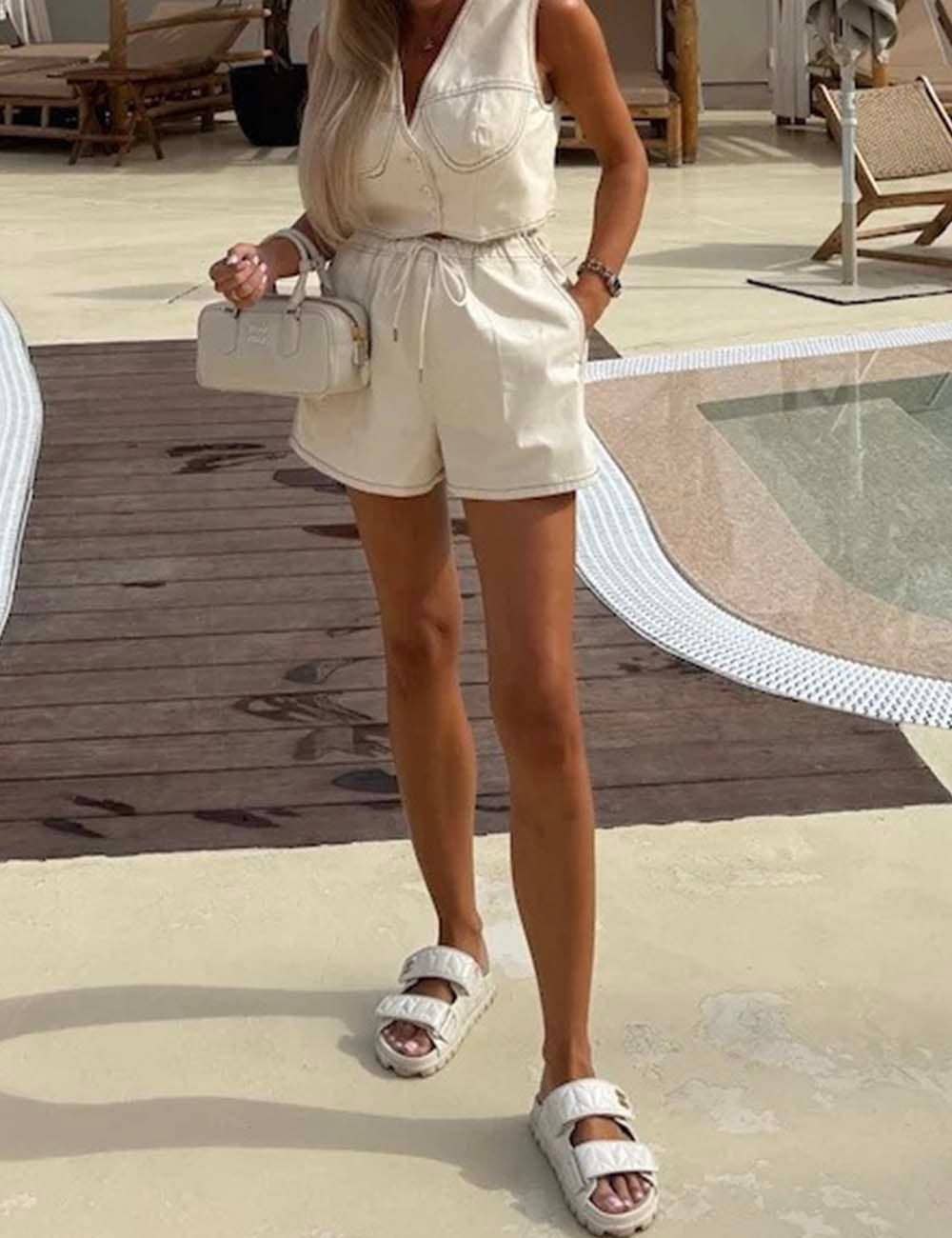 Ivory Ladies V-Neck Sleeveless Button String Tie Top & Shorts Denim Set for wholesale on Faire4