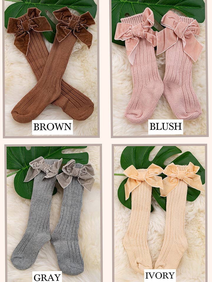 Knee High-baby socks with cute faux velvet bow. (3pcs/$11.25)Sock-2024a for wholesale by Kids Charm Online