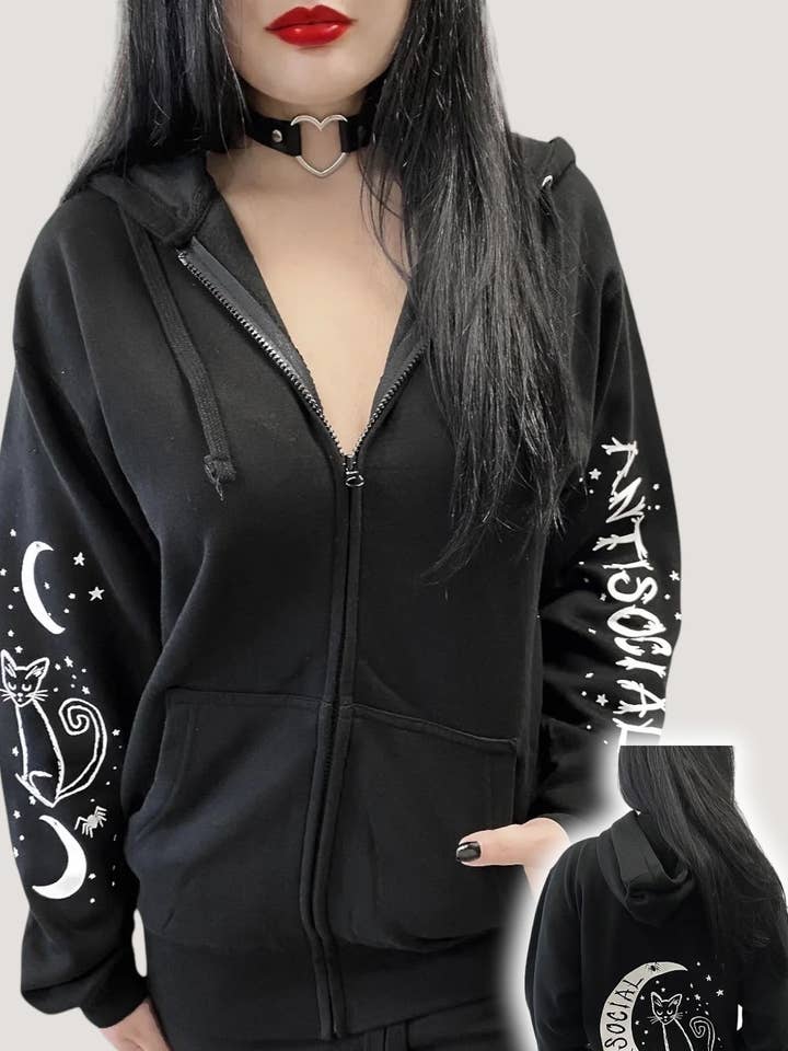 Felpa con cappuccio antisocial Cat Witch Moon «Boyfriend Fit» con cerniera per la vendita all'ingrosso da parte di Demi Loon