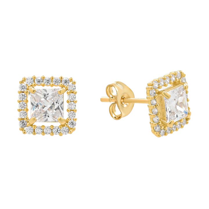 14k Solid Gold CZ Halo Cushion Studs for wholesale by Ofina Jewelry